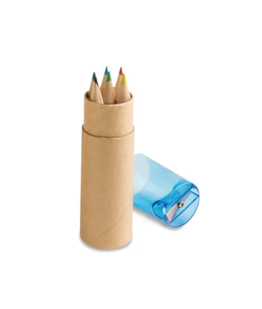 Rols. Kynälaatikko, Jossa 6 Värillistä Lyijykynää Ja Teroitin Sininen